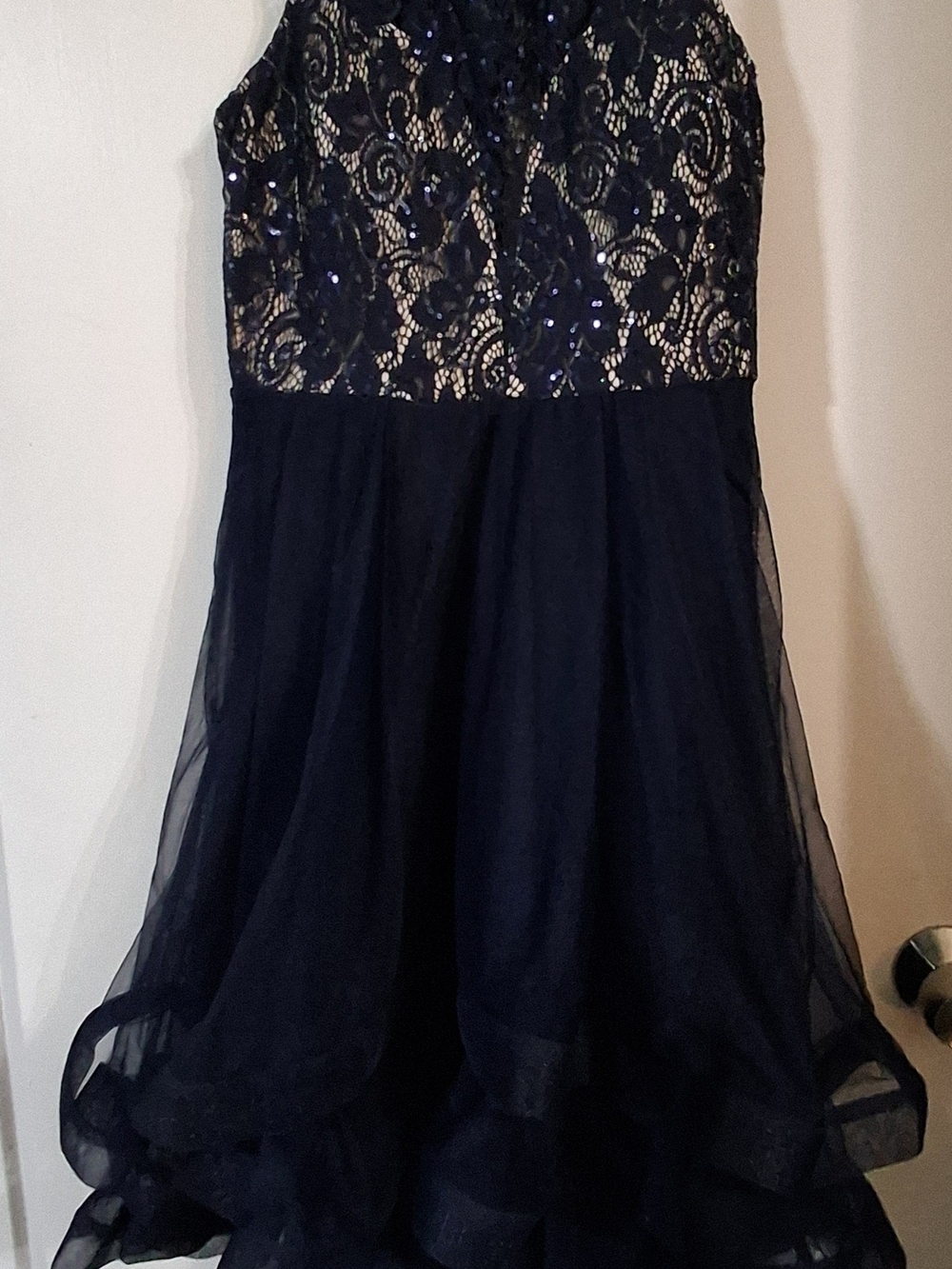 Navy Sequin Lace & Chiffon Womens Party Dress